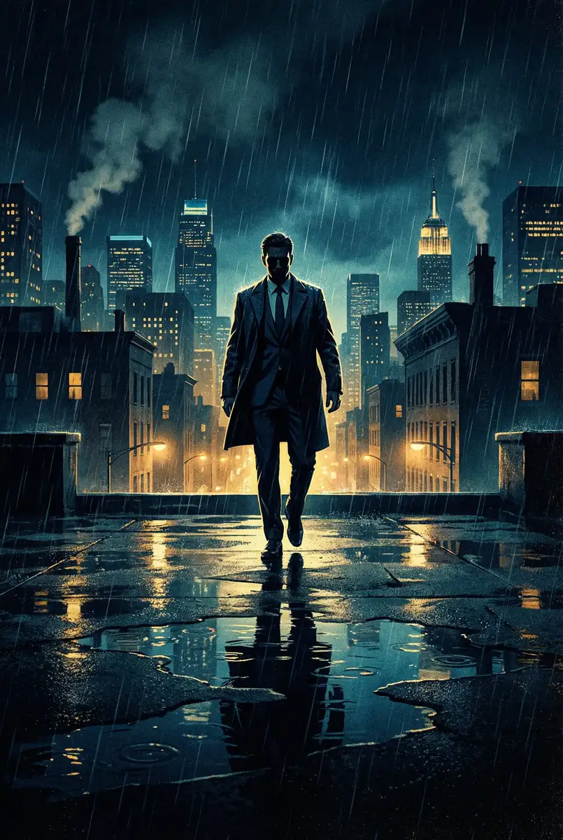 宦海奇官粤语 出品影片《雨夜独行者》海报，雨中城市屋顶男性剪影